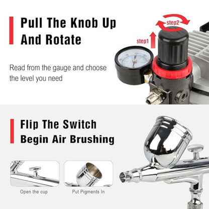 FORNAX Professional Airbrush Kit with Compressor, 0.4 HP Air Compressor for Model Painting with 6 Ft Hose,Cleaning Brushes, and Test Paints for Hobby, Body Tattoo, Model Painting, Automotive Graphic