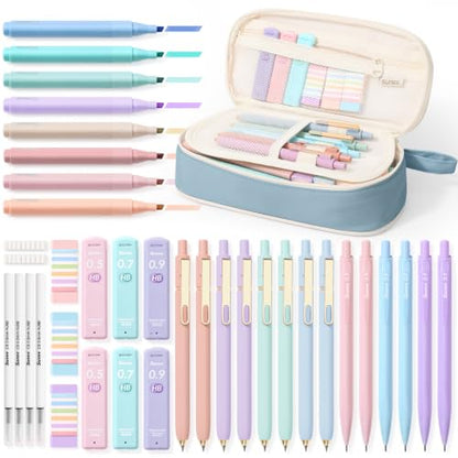 SUNEE Pencil Case with Supplies, 54PCS Aesthetic Stationery Set with 8 Pastel Highlighters, 8 Gel Pens Black Ink, 6 Mechanical Pencils, Back to School, College Essentials for Students, Blue - color: Blue, style: 54 Pack