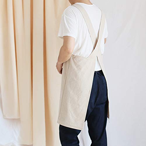 NEWGEM Japanese Cotton Linen Cross Back Cooking Apron for Women Men with Pockets Cute for Baking Kitchen - color: 16 - Men's Khaki