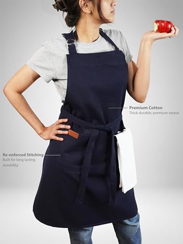 100% Cotton Kitchen Apron with 2 Pockets – Adjustable Chef Apron for Cooking Baking BBQ – Unisex Apron - color: Navy