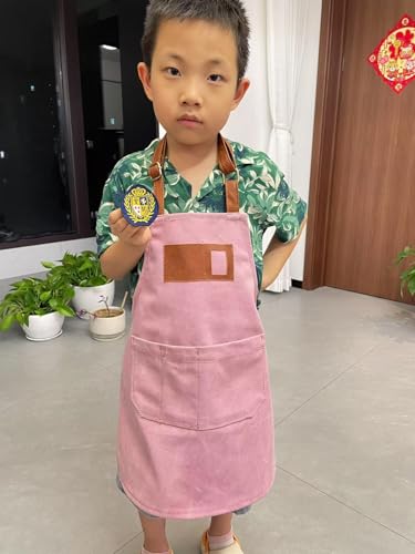 Canvas Aprons for Kids, Childrens Aprons with 4 Pockets and Card Slot Pocket for Painting Crafting Kitchen - color: Pink