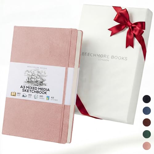 Beechmore Books A3 11.7x16.5 Mixed Media Sketchbook 160 GSM/98lb, Gift Box | Hardcover Drawing Pad with Lay-Flat Binding, Extra Large Perforated Ivory Paper for Studio Drawing & Watercolor Work - color: Rose Wood, size: A3 - 11.7" x 16.5" Extra Large