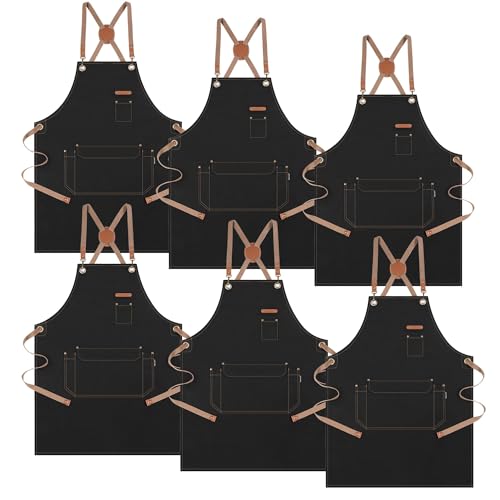 Chef Apron with Cross Back Straps for Men Women, Cotton Canvas Apron for Artists Painting, Kitchen Cooking - color: Black, 6pack