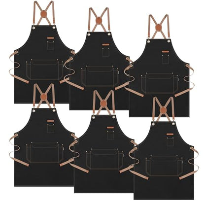 Chef Apron with Cross Back Straps for Men Women, Cotton Canvas Apron for Artists Painting, Kitchen Cooking - color: Black, 6pack