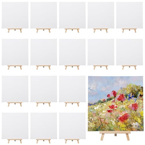 Motimind 36 Pcs 8 x 8 Mini Canvas and 8" Easel Set Bulk for Paint Party | Painting Art Crafts for Back to School Classroom Birthday Valentine Christmas Mother's Day End of School Year Gifts - size: 8 x 8 Inch