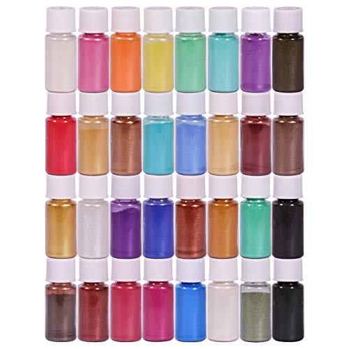 SEISSO Mica Powder for Epoxy Resin, 32 Colors, 0.18 oz(5g) Bottles Mica Pigment Powder for Lip Gloss, Soap Making, Bath Bomb, Art Crafts, Resin Dye, Nails, Gift for Christmas New Year - color: 32 Colors