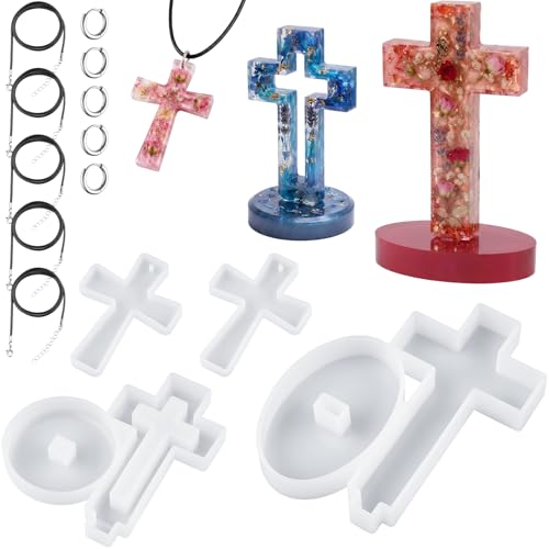 Cross Resin Mold Set with Base, Silicone Standing Cross Molds and Cross Pendant Necklace Molds, DIY Epoxy Resin Mold Kit with 5 Black Cords and 5 Jump Rings for Resin, Soap, Wax, Plaster Crafts