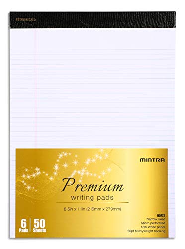 Mintra Office White Legal Pads – Ruled Notepads and Micro-Perforated Sheets, Ideal for Writing, Note-Taking & Creativity, Office, or Professional Use, Premium Pad 6 pack, 8.5"x11" (Narrow Ruled) - color: White - Premium Pad, size: Narrow