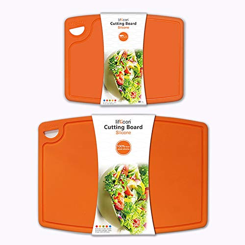 Liflicon Thick Cutting Boards for Kitchen Silicone Chopping Board Set of 2 Mid 12.6'' x 9.1”,Mini 9.1”x7.1” Non-slip Deep Drip Juice Groove Easy Grip Handle,Dishwasher Safe-Orange - color: Orange, size: 9.1"L x 7.1"W & 12.6"L x 9.1"W