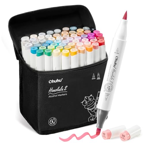 Ohuhu Alcohol Markers 60 Illustration Colors Brush Soft Chisel for Coloring | Dual Tips Art Markers for Artists Adults Coloring Illustration Drawing, AP Certified Refillable Alcohol-based, Honolulu S