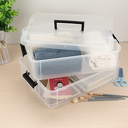 JUXYES 2-Tiers Plastic Stack Carry Storage Containers Box wih Handle Lids - color: Black