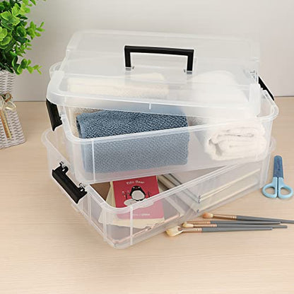JUXYES 2-Tiers Plastic Stack Carry Storage Containers Box wih Handle Lids - color: Black