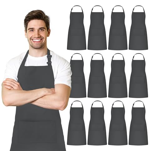 Adjustable Bib Apron 100% Polyester Kitchen Aprons Waterdrop Resistant Aprons with Adjustable Strap, Pockets & Long Ties - color: Grey, style: Pack of 12