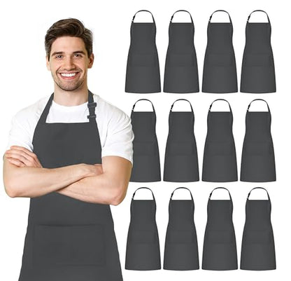 Adjustable Bib Apron 100% Polyester Kitchen Aprons Waterdrop Resistant Aprons with Adjustable Strap, Pockets & Long Ties - color: Grey, style: Pack of 12