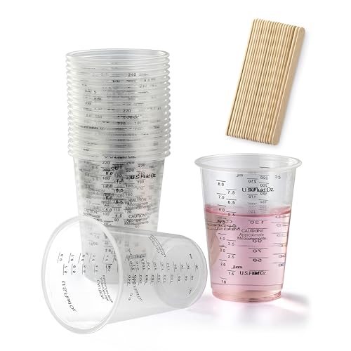 20pcs 8oz Graduated Clear Plastic Measuring Mixing Cups with 20pcs Wooden Stirring Sticks for Mixing Paint, Pigments, Epoxy Resins