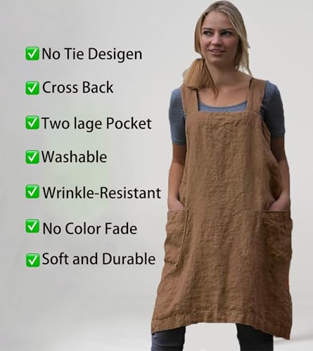 Japanese Aprons Plus Size Smock for Women with Pockets Cross Back Pinafore Dress Apron Baking Cooking Gardening - color: Brown, size: Medium