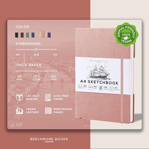 Beechmore Books A4 8.5x11 Mixed Media Sketchbook 160 GSM/98LB with Gift Box | Hardcover Art Journal with Lay-Flat Binding, 156 Perforated Ivory Pages for Drawing, Ink & Light Watercolor - color: Rose Wood, size: A4 - 8.5" x 11.5" Large