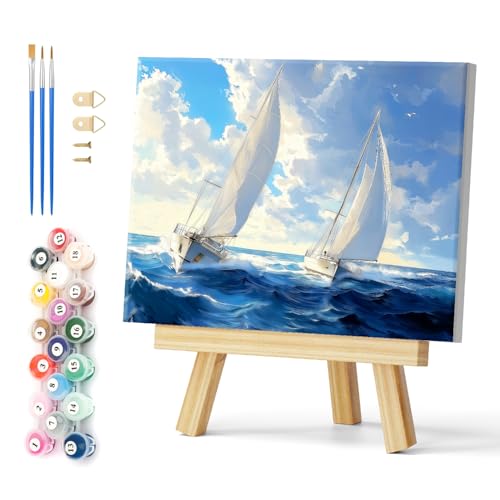 Natuyalo Framed Paint by Numbers Kit for Adults Beginner, Sailboat in Waves Adult Paint by Number Kits on Canvas, DIY Acrylic Paint by Number for Adults with Frame 12x16 Inch - color: Color-05