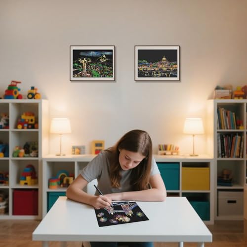 8-Sheet Rainbow Scratch Art with Tools for Adults & Teens, A4 Landmarks - color: Gray