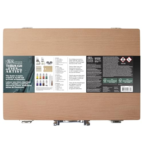 Winsor & Newton Winton Oil Colour, Wooden Paint Set 8 x 37ml Tubes (includes Liquin, Sansodor, 2 Brushes, Knife, Cloth, Godet)