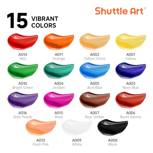 Shuttle Art Acrylic Paint Set, 15 x 12ml Tubes Artist Quality Non Toxic Rich Pigments Colors Perfect for Kids Adults Beginners Artists Painting on Canvas Wood Clay Fabric Ceramic Crafts