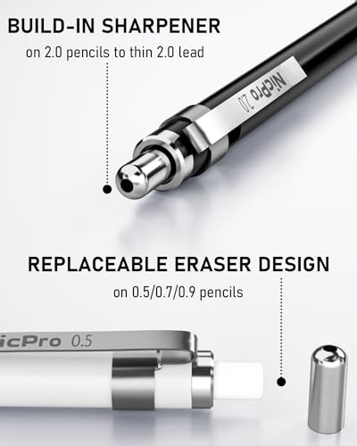 Nicpro 38PCS Art Mechanical Pencils Set in Leather Case | 3 PCS Metal Drafting Pencil 0.5/0.7/0.9/5 PCS 2mm Lead Holder (6B 4B 2B HB 2H 4H Colors) For Sketching With 20 Tube Lead - size: 38PCS