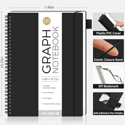 AHGXG Spiral Graph Paper Notebook, 140 Pages, B5 (7.6" x 10") | 100 gsm Thick Grid Paper, Waterproof Plastic Cover, for School Writing Engineering (Black) - color: Black, style: B5-Graph