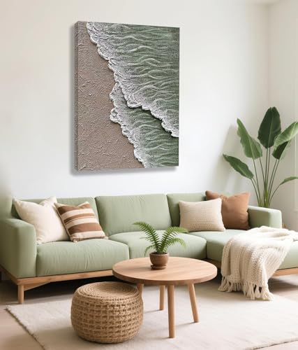 NANKAI Art Hand-painted white and green thick texture abstract oil painting Waves beach landscape oil painting home wall decoration art 40x28 Inches - color: NKHB248