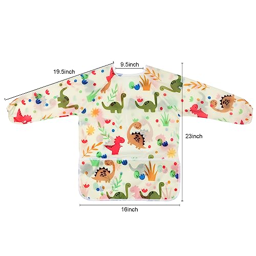 Kids Art Smocks Dinosaur Painting Aprons for Children Waterproof Artist Smock with Long Sleeve and 3 Pockets for Age 3-8 Years (Off white) - color: Off-white