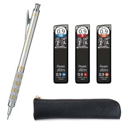 Graph Gear 1000 Mechanical Drafting Pencil + Ain HB/B/2B leads, original Black slim pen case (0.9mm) - size: 0.9mm