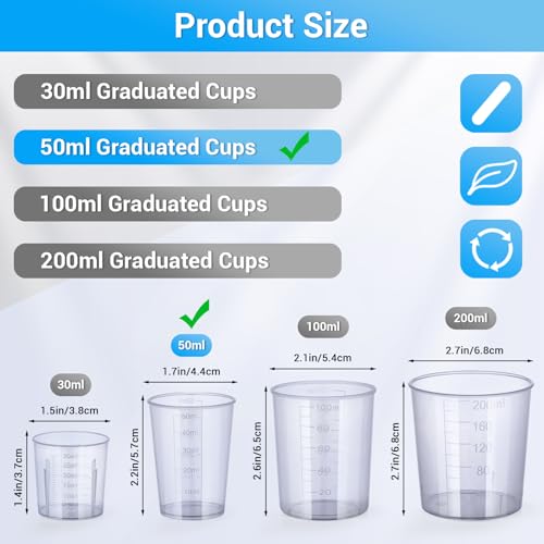 50ml Measuring Cups - 10 Pack, 1.7oz Disposable Graduated Cups for Resin Mixing, Model Painting, Adhesive & Lab Use, Chemical Resistant, Stackable - size: 50ml