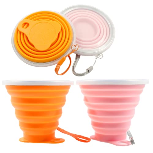 Litoexpe 2 Pack Silica gel Collapsible Travel Cup 270ml, Pink & Orange | with Lids, Portable Folding Camping Cup, for Camping and Travel - color: Pink & Orange