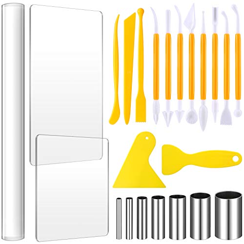Honoson 23 Pcs Clay Sculpting Tools Set with Roller Cutters,Yellow | Acrylic Mat, Metal Round Cutters, Scraper Board, Ideal for Polymer Clay Crafts, Art Sculpting, Shaping and Modeling Projects - color: Yellow