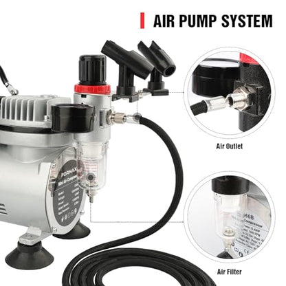 FORNAX Professional Airbrush Kit with Compressor, 0.4 HP Air Compressor for Model Painting with 6 Ft Hose,Cleaning Brushes, and Test Paints for Hobby, Body Tattoo, Model Painting, Automotive Graphic