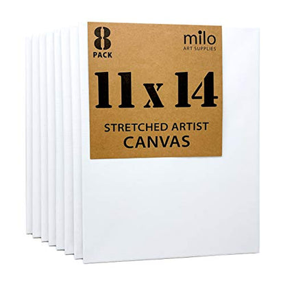 milo Stretched Artist Canvas, 11x14 inch, Value Pack of 8, Blank White | Primed & Ready-to-Paint Art Painting Supplies for Acrylic, Oil, Mixed Wet Media, & Pouring, 100% Cotton with Pine Wood Frame - size: 11" x 14"
