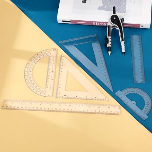 Zonon 1 Set Plastic Geometry Math Set 7 Pcs Includes 6'' / 4 '' Protractor, Drawing Compass, 45/60 Degree Triangle Rulers, 12'' / 6'' Math Ruler Transparent for Office Supplies(Clear) - color: Clear