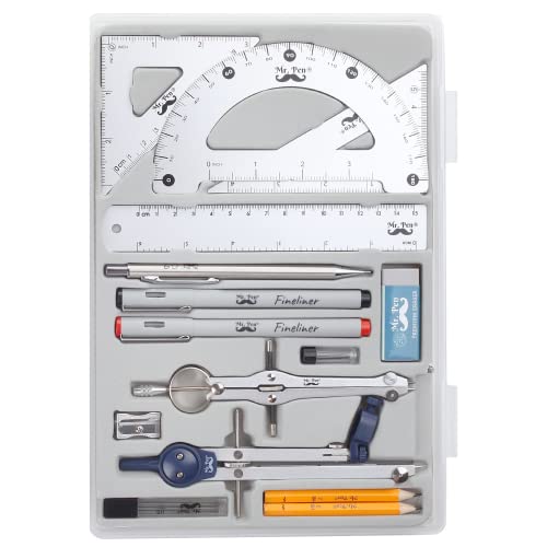 Mr. Pen- Professional Geometry Set, 15 pcs, Drafting Tools with Protractor | Compass, Metal Ruler, Triangles, Pens & Pencils, Complete Geometry & Drafting Kit for Architects, Engineers & Students - color: Silver