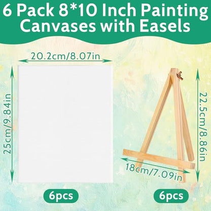 6 Pack 8x10 Inch Canvas Boards with Easel – Beginner Painting Kit for Acrylic, Oil, and Watercolor Crafts, Perfect for Sip and Paint Parties