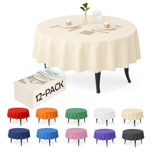 12-Pack Ivory Plastic Tablecloths – 84 Inch Round Disposable Table Covers, Heavy Duty & Waterproof for Parties, Events, Banquets, Ivory - color: Ivory, size: 84" Round