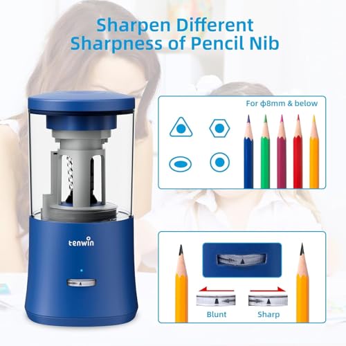 tenwin Fully Automatic Pencil Sharpener for 6-8mm Pencils, Hands-Free - color: Blue
