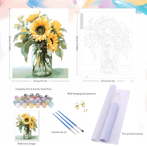 Natuyalo Paint by Numbers Kit for Adults Beginners and Kids, 16" Wx20 L Canvas Pictures Drawing Acrylic Paintwork with 3 Pcs Paintbrushes, Sunflowers in a Vase - color: ART-08