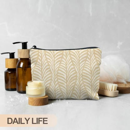 Boho Beige Leaf Makeup Bag, Neutral Block Print Leaves Cosmetic Bags for Women, Minimalist Beige Botanical Zipper Makeup Pouch - color: Grass