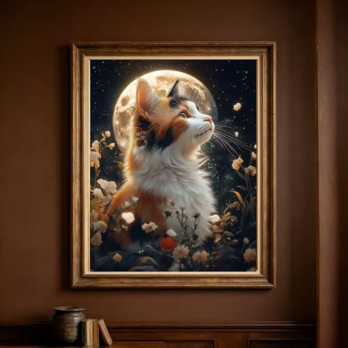 Moon Cat 5D Diamond Painting Kit, Wildflower Diamond Art for Adults | Full Round DrillDiamond Dots Kits Gem Arts DIY Crafts for Home Wall Deco Present Cat Lovers12x16inch - color: KM1144-1