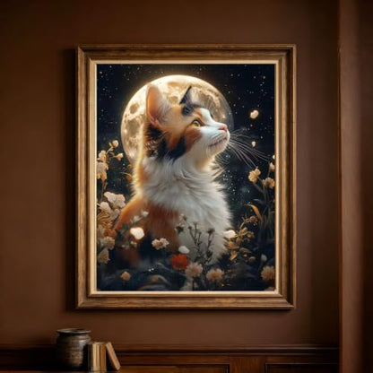 Moon Cat 5D Diamond Painting Kit, Wildflower Diamond Art for Adults | Full Round DrillDiamond Dots Kits Gem Arts DIY Crafts for Home Wall Deco Present Cat Lovers12x16inch - color: KM1144-1