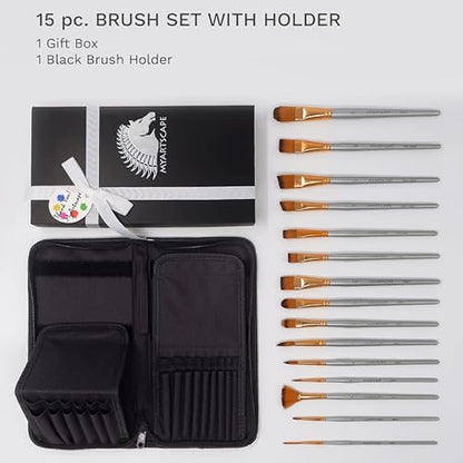 MyArtscape 15 Taklon Paint Brushes with Travel Holder - Short Handle | 15 Taklon paint brushes for acrylic watercolour oil gouache and face painting with travel holder and short handles