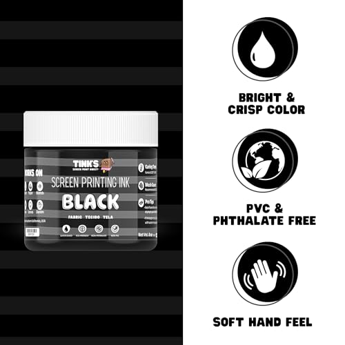 Tinks Screen Printing Ink - Black - 8 oz. | Water-Based Fabric Ink - Screen Printing, Stenciling, Tote Bags & Fabric Stamping - Non-Toxic, No Harsh Fumes - 8 oz. - color: Black