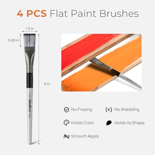 Nicpro 4pcs 1 1/2 Inch Flat Paint Brushes for Acrylic Painting, Large Paint Brushes for Acrylic Watercolor Oil, Artist Big Paint Brush for Canvas Painting, Base Coating, Crafts, Face, Body Art, Adults - size: 1.5 Inch x 4 pieces