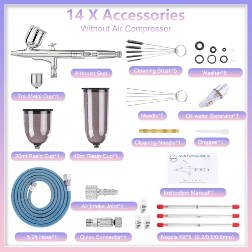 Gyfent Airbrush Gun Kit with 4 Quick-Release Nozzle Sets(0.2/0.3/0.5/0.8mm) | Dual-Action Gravity Feed Air Brush with 1/4oz Fluid Cup & 20/40ml Resin Cup for Nail Art Painting Makeup Cake - size: Basic