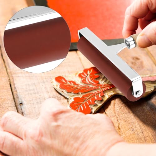 QWORK Soft Rubber Brayer, 6" Steel Frame Roller, 40/42 Durometer Roller for Linoleum, Woodcut, and Soft Block Printing