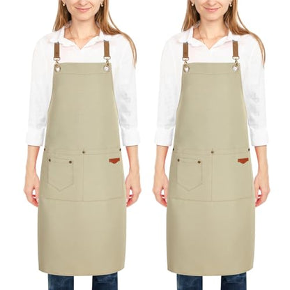 2 Pack Kitchen Cooking Aprons, Adjustable Bib Soft Chef Apron with 2 Pockets for Men Women - color: Beige